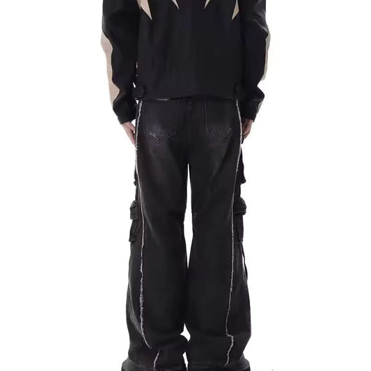2025 Cyber Y2K Streetwear Washed Black Baggy Ripped Cargo Jeans Pants For Men Clothing Multi Pockets Wide Leg Hip Hop Trousers