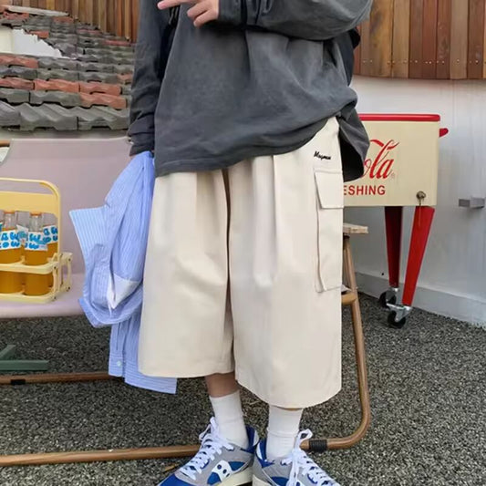 Bf Oversized Loose Streetwear Women Cropped Pants Japanese Hip Hop Pockets Cargo Wide Leg Trousers Retro Casual Straight Pants